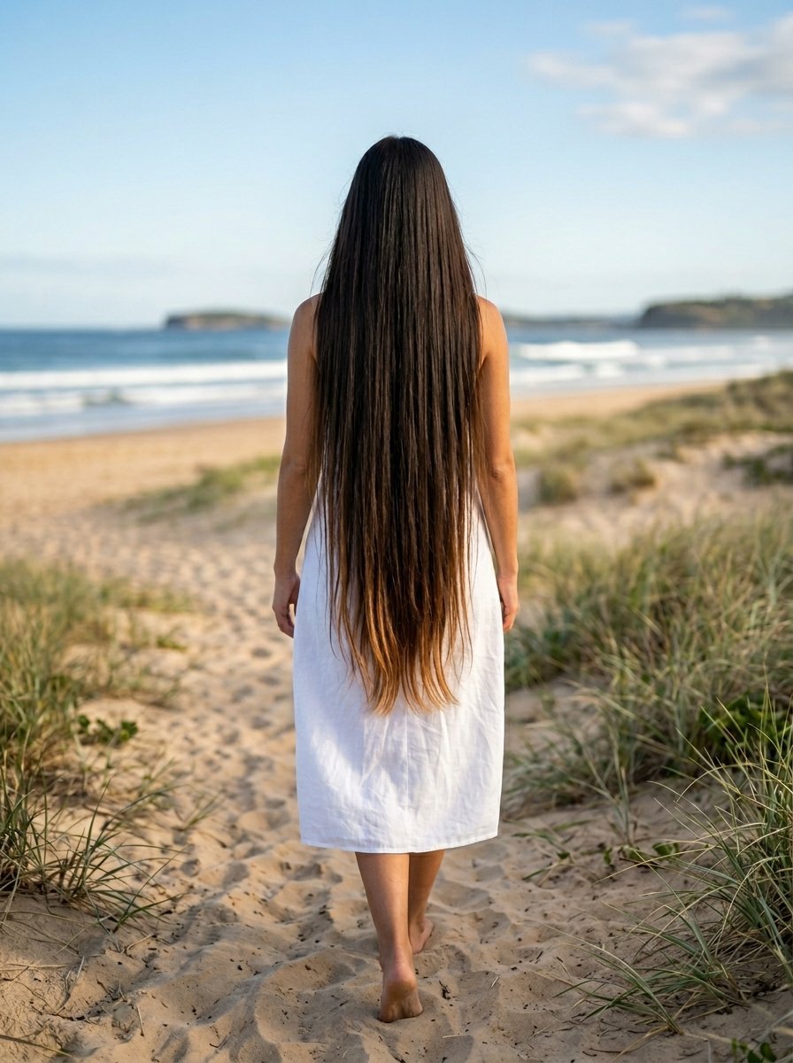 Rear view of a woman wearing a white sundress walking on a beach path with waist-length hair.