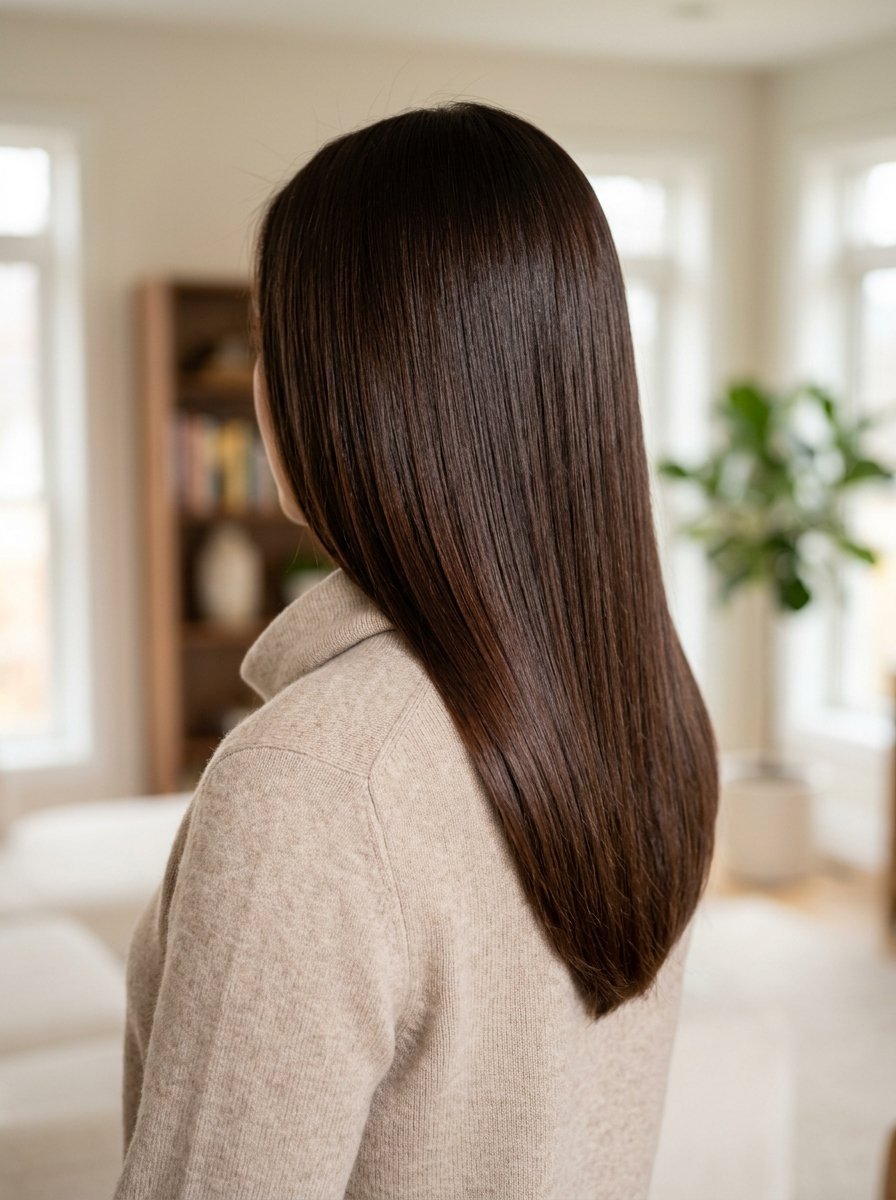 Back view of a person with straight, shiny, chestnut-colored hair wearing a beige sweater.
