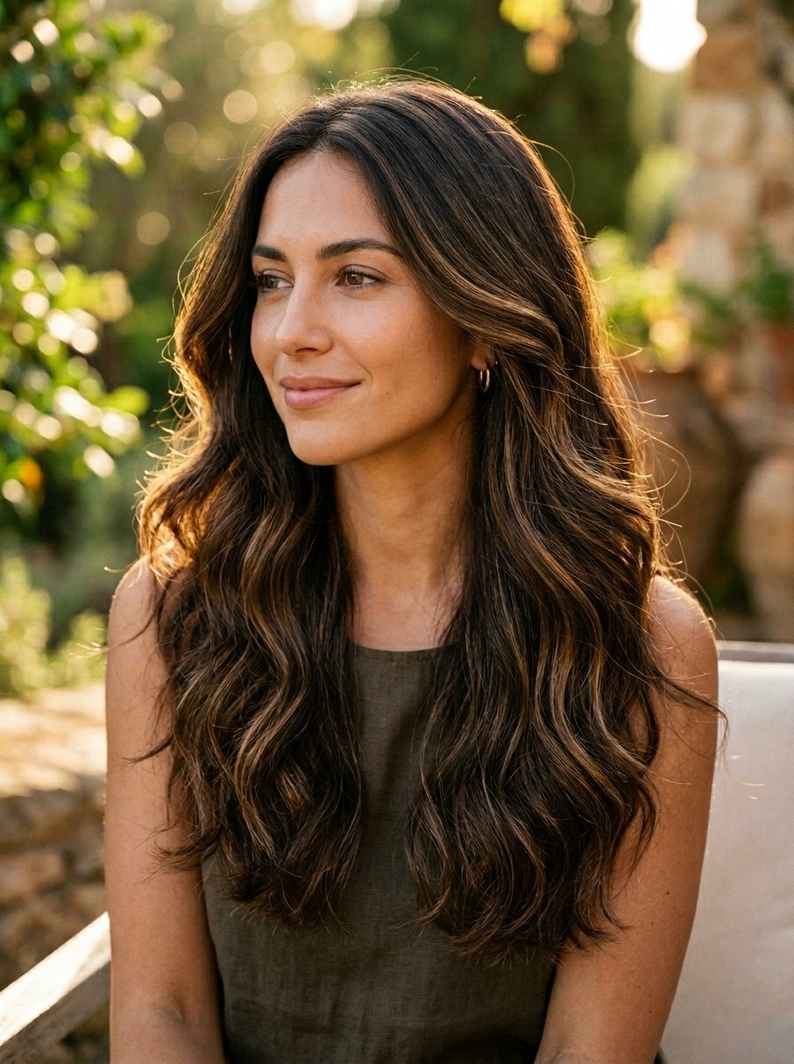 Portrait of a smiling woman with highlighted dark hair outdoors during sunset.