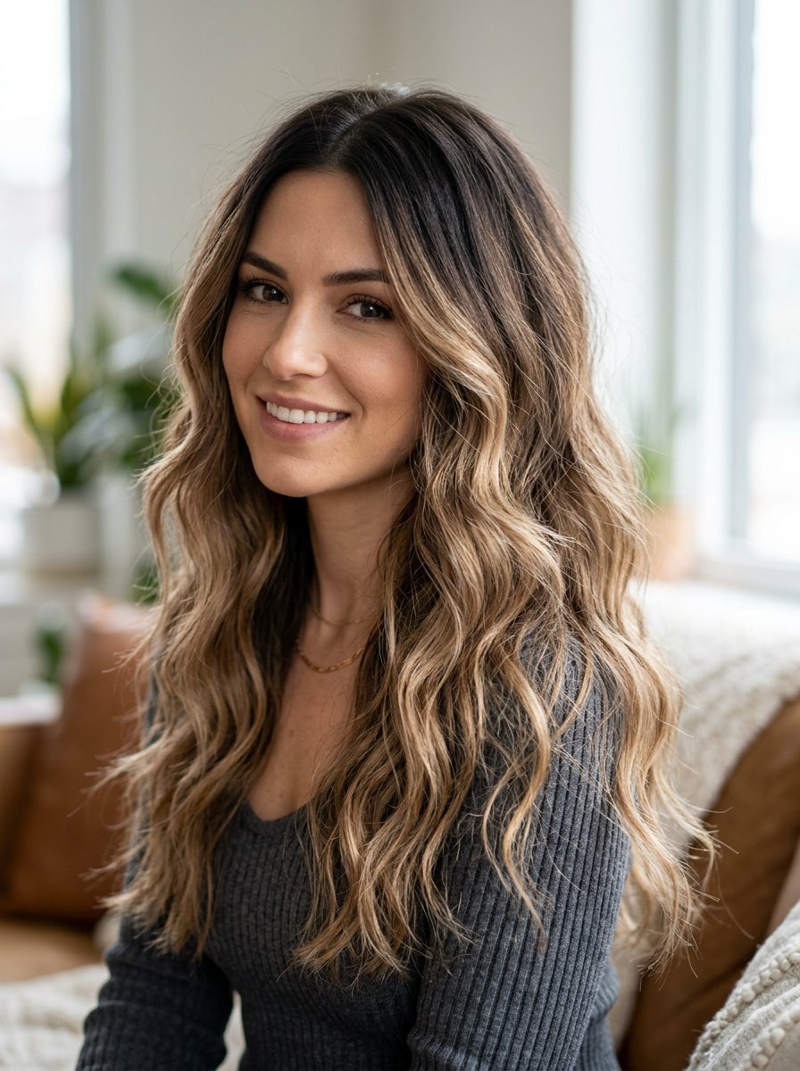 Close up portrait of a smiling woman with long brown highlighted wavy hair wearing a grey ribbed sweater.