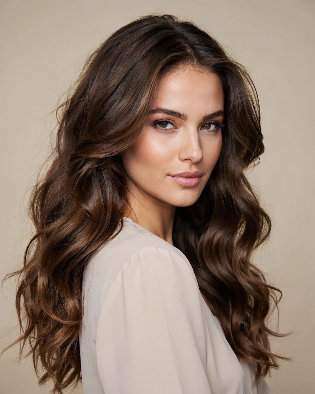 Portrait of a woman with voluminous brown hair and natural makeup against a neutral beige background.