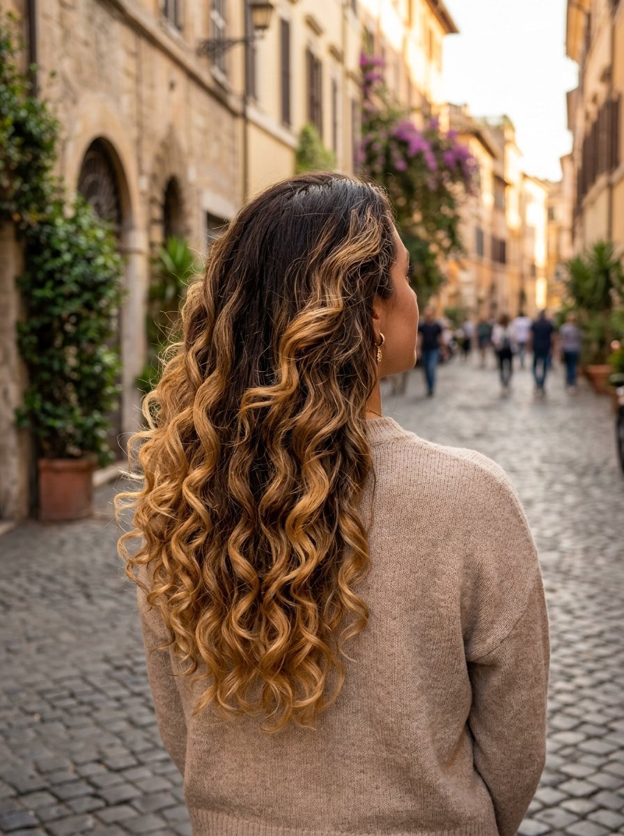 Back view of a woman with long, highlighted curly hair wearing a beige sweater on a European street.