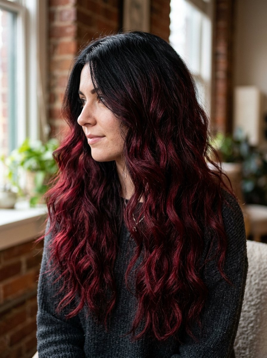 Profile view of a young woman featuring long, wavy hair with a vibrant black to burgundy ombre color transition.