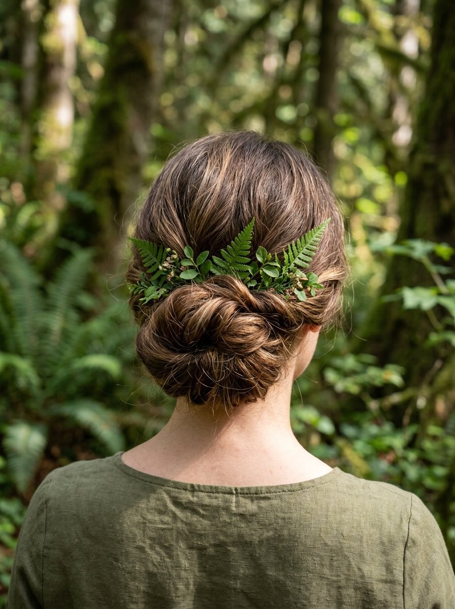 Back view of a woman with her hair in a messy bun decorated with fresh green fern leaves in a forest.