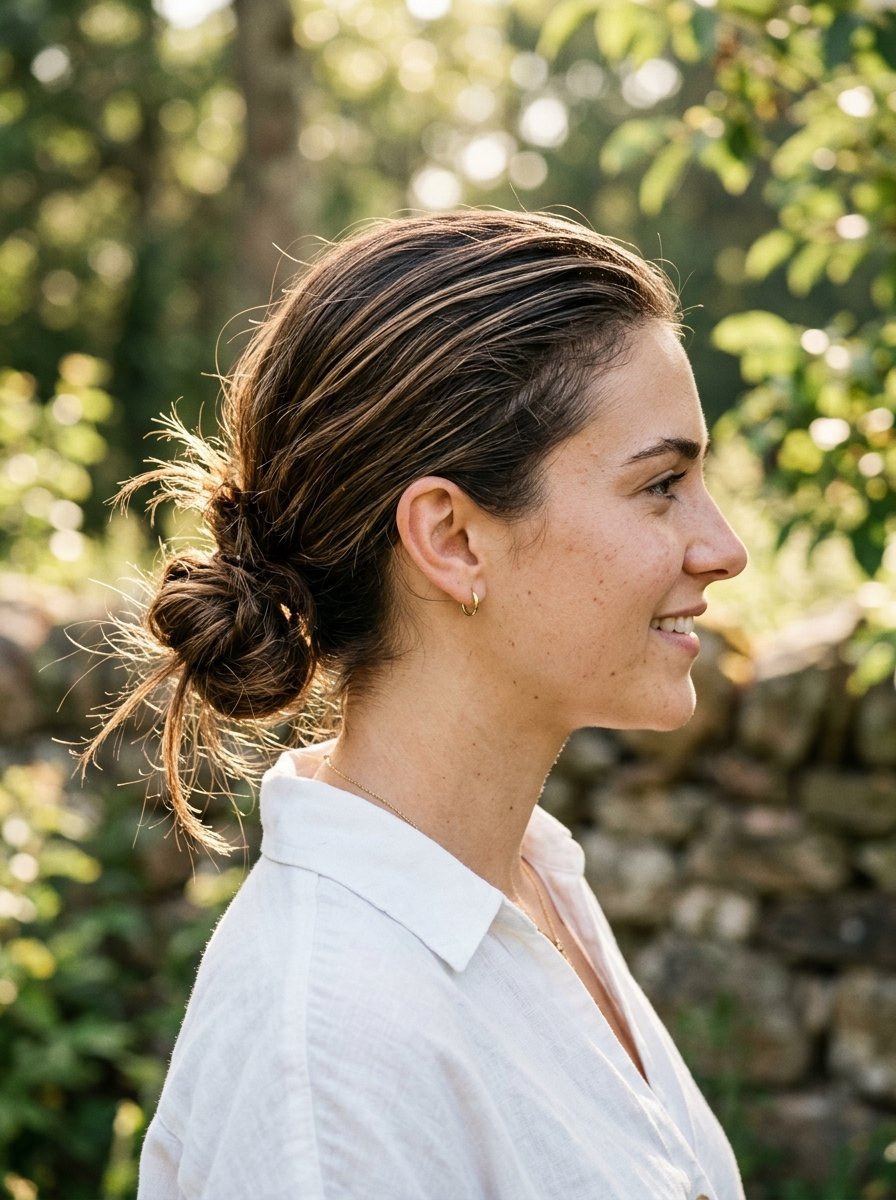 Side view of a smiling woman with highlighted hair tied in a low messy bun against a garden background.