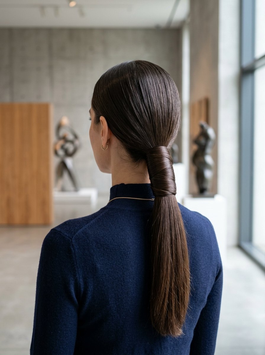 Back view of a woman with long dark hair tied in a polished low ponytail wearing a navy blue sweater in a gallery.