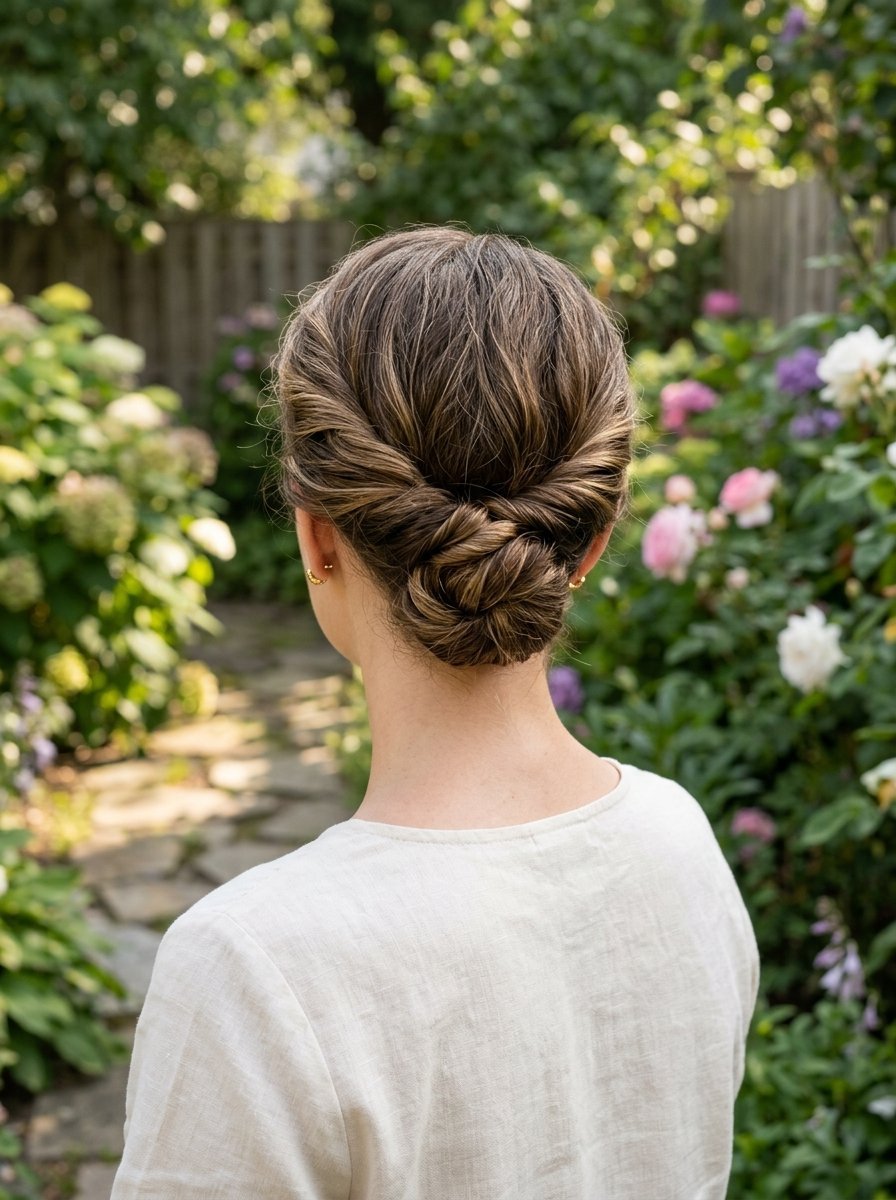 Rear view of a woman wearing a professional low twisted chignon hairstyle with a cream linen top.