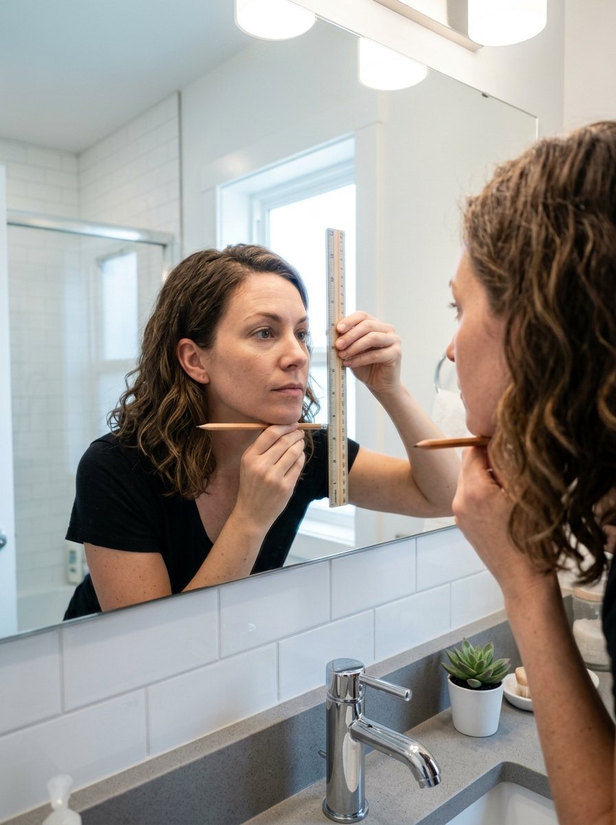 A person looking in a bathroom mirror holding a pencil under her chin and a vertical ruler next to her face.