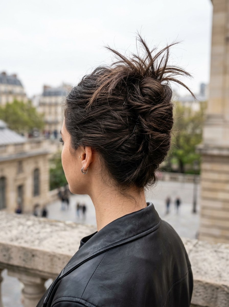Close-up back view of a woman wearing a black leather jacket with her dark brown hair styled in a messy updo.
