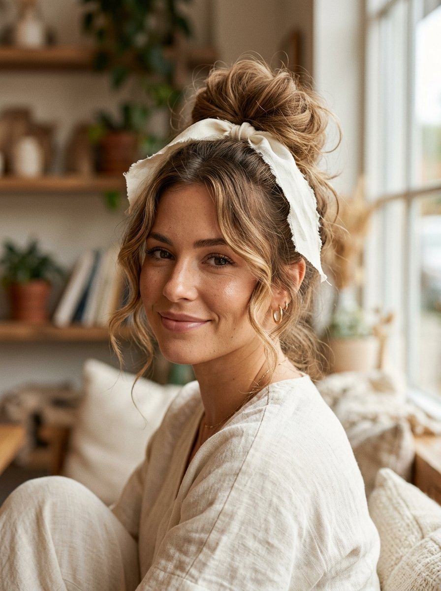 Close-up portrait of a woman with a high messy bun hairstyle accented by a cream-colored frayed fabric hair ribbon.