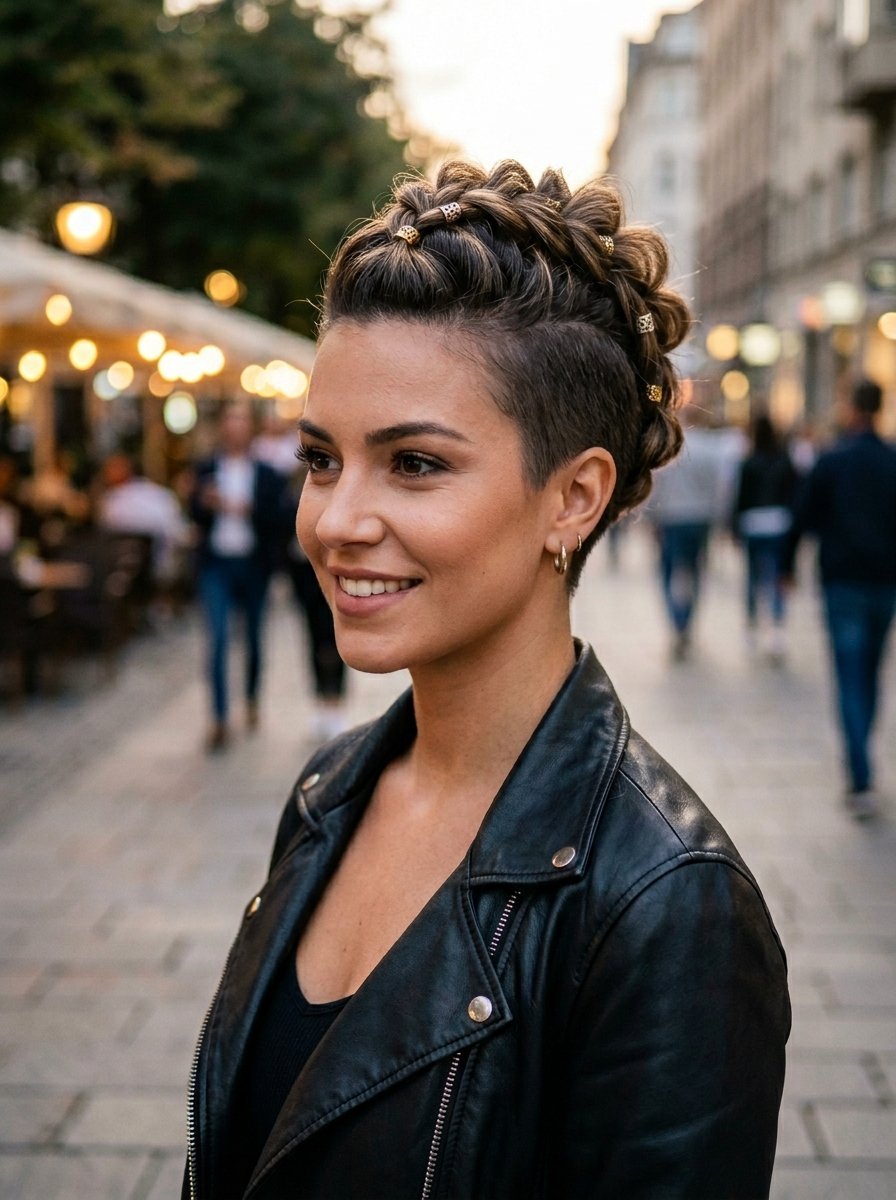Portrait of a smiling woman with a shaved-side braided mohawk featuring gold hair rings, wearing a black leather jacket.