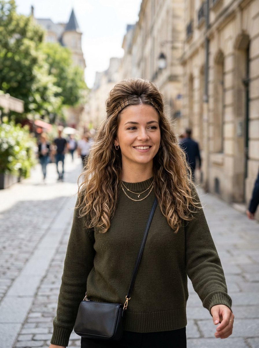 A young woman wearing a dark olive sweater and black crossbody bag walks along a European cobblestone street.