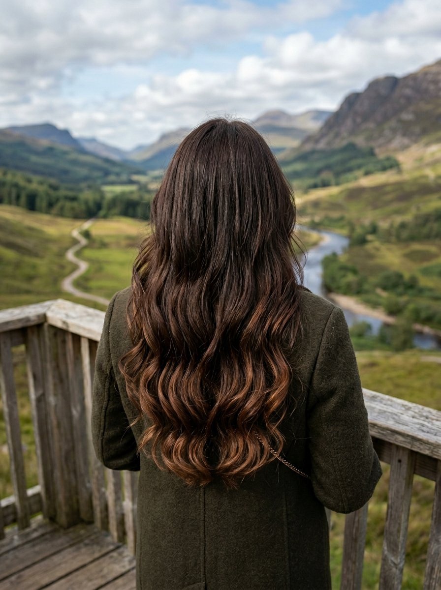 Back view of a woman with long wavy hair standing on a wooden platform overlooking a valley with a river and mountains.