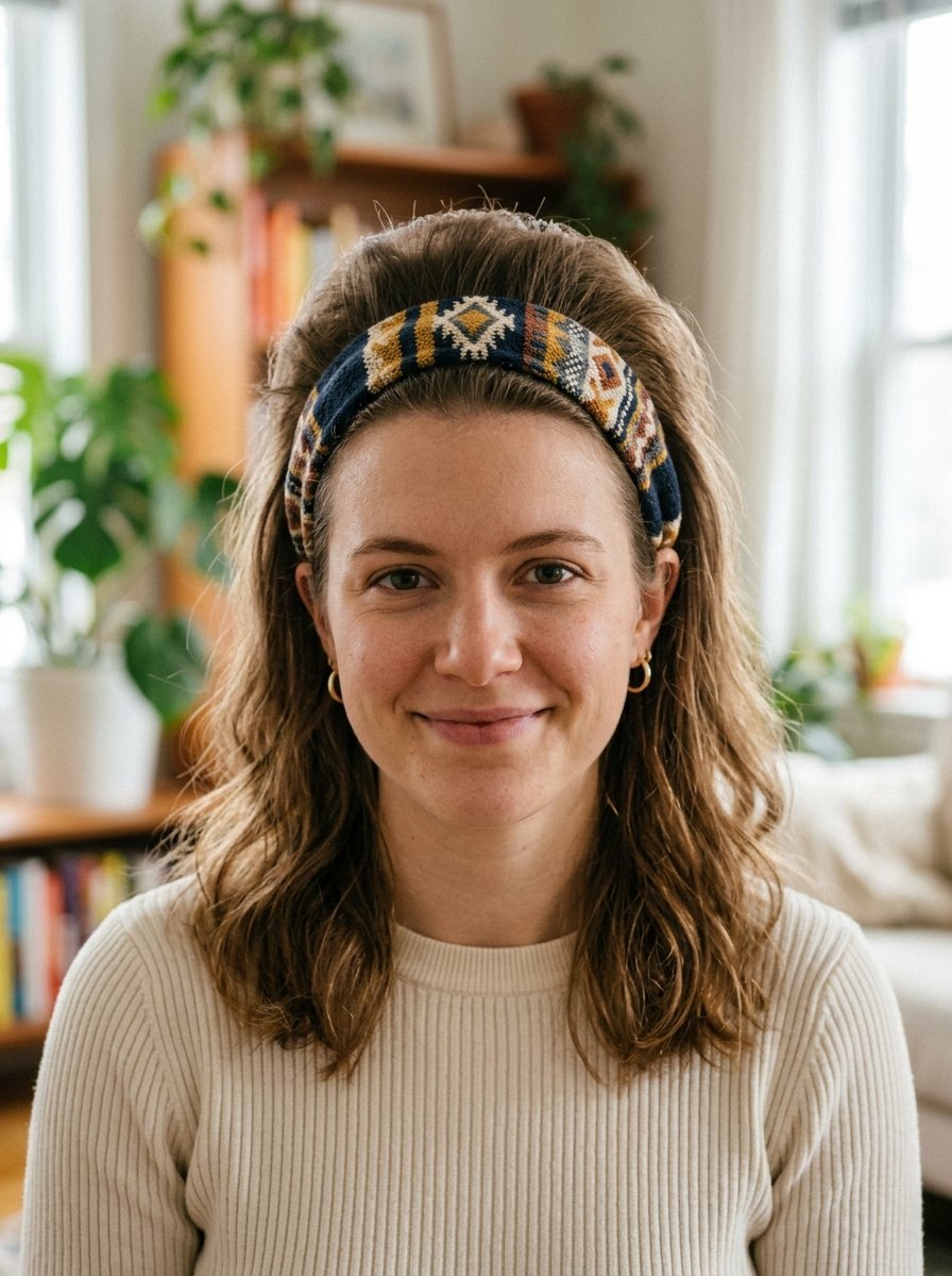 Portrait of a young woman with wavy brown hair wearing a blue and yellow knitted headband indoors.