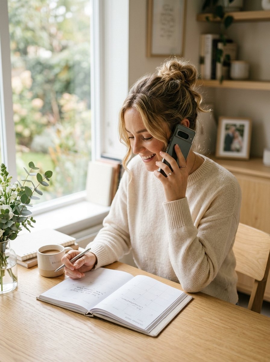 Blonde woman in a beige sweater taking notes in an open appointment book at a bright wooden desk.