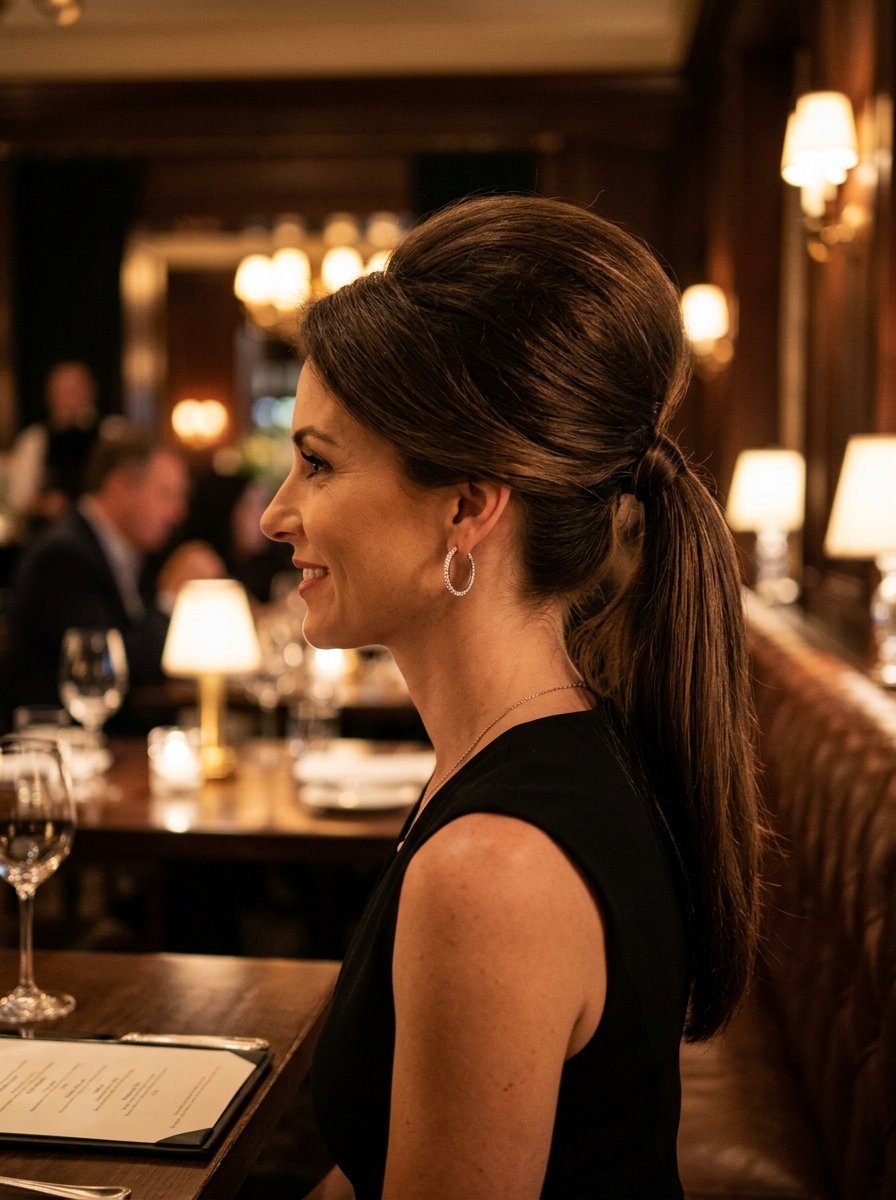 Side profile of a woman in a black top with her hair styled in a high, volumized ponytail while sitting at a table.