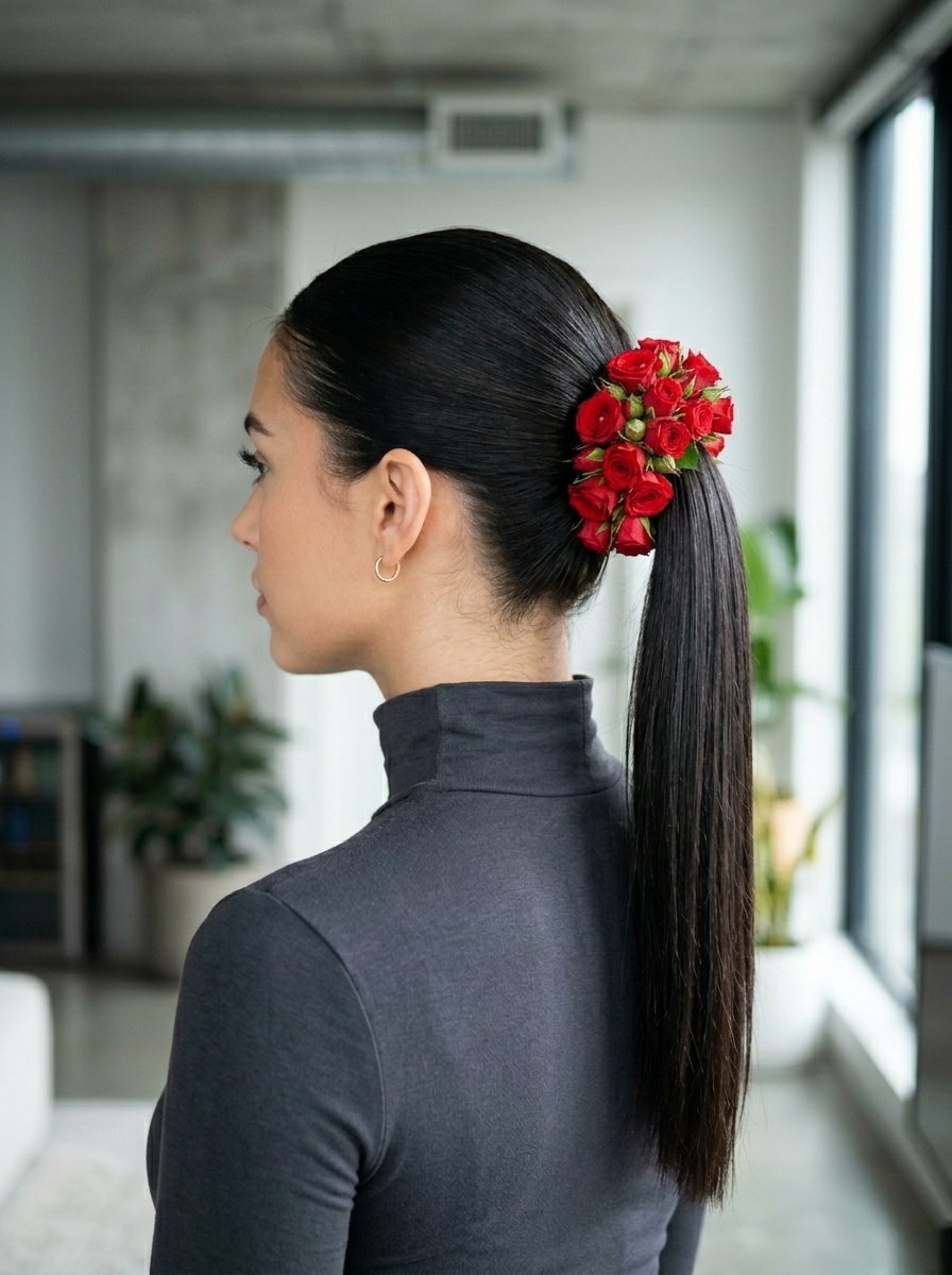 Side profile of a woman wearing a high ponytail adorned with a cluster of fresh red roses.