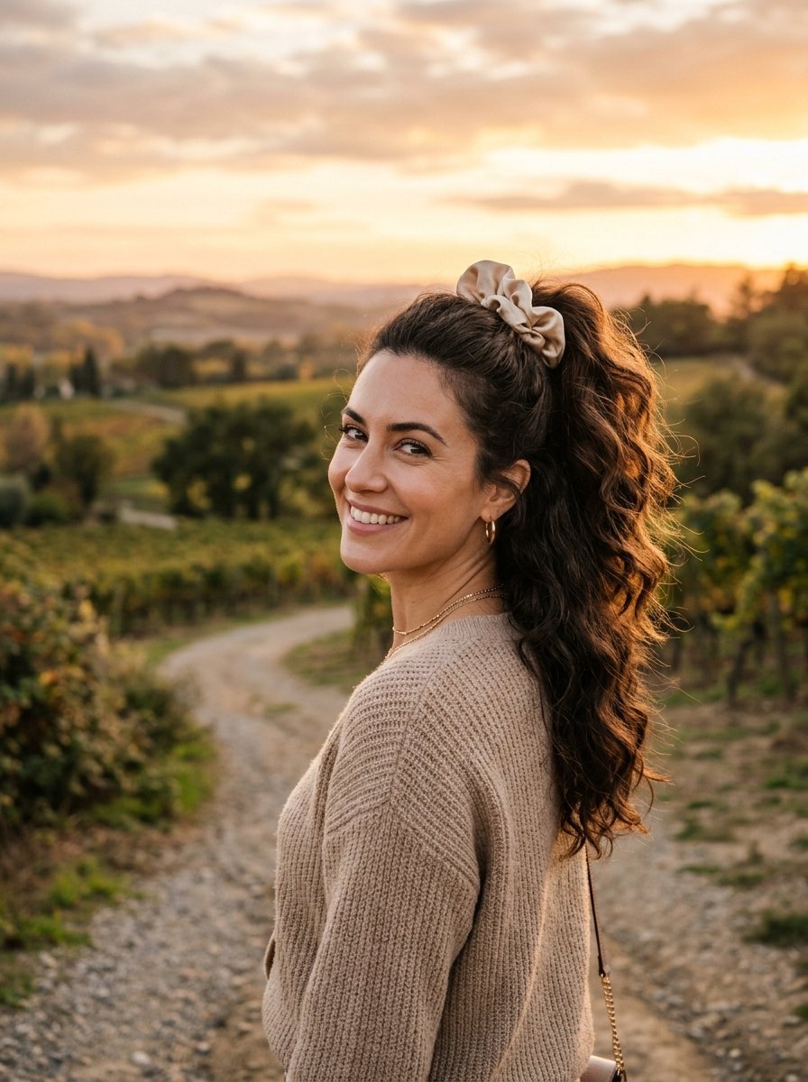 A brunette woman in a beige sweater turns to smile at the camera during a golden hour sunset in a vineyard.