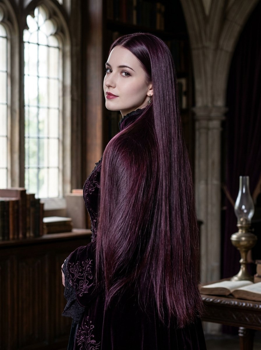 Portrait of a woman wearing a dark velvet dress standing in a gothic library setting.