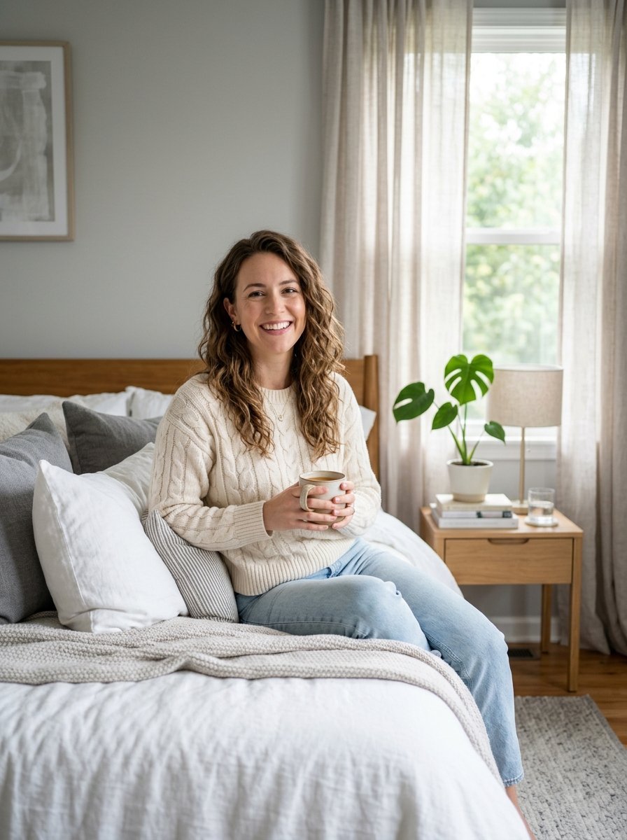 A curly haired woman in a cable knit sweater sits on a white bed holding a ceramic mug.