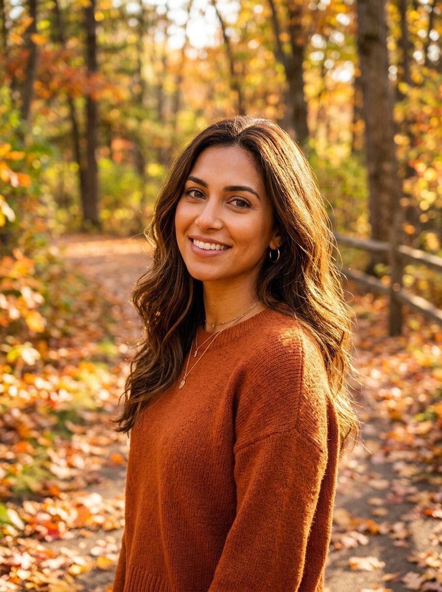 A brunette woman with wavy hair smiling while wearing an orange sweater in a park with fall leaves.