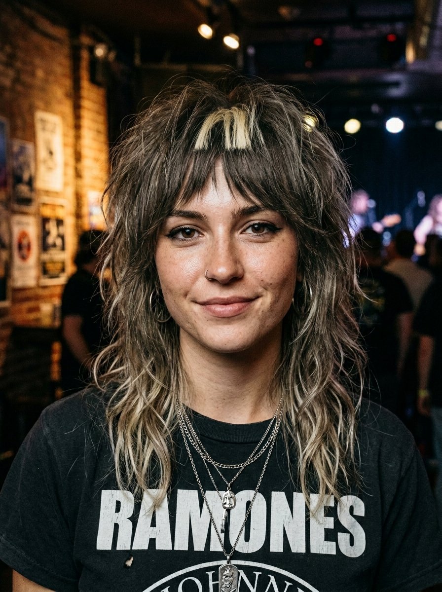 Portrait of a woman with layered shaggy hair and blonde bangs in a dimly lit music venue.