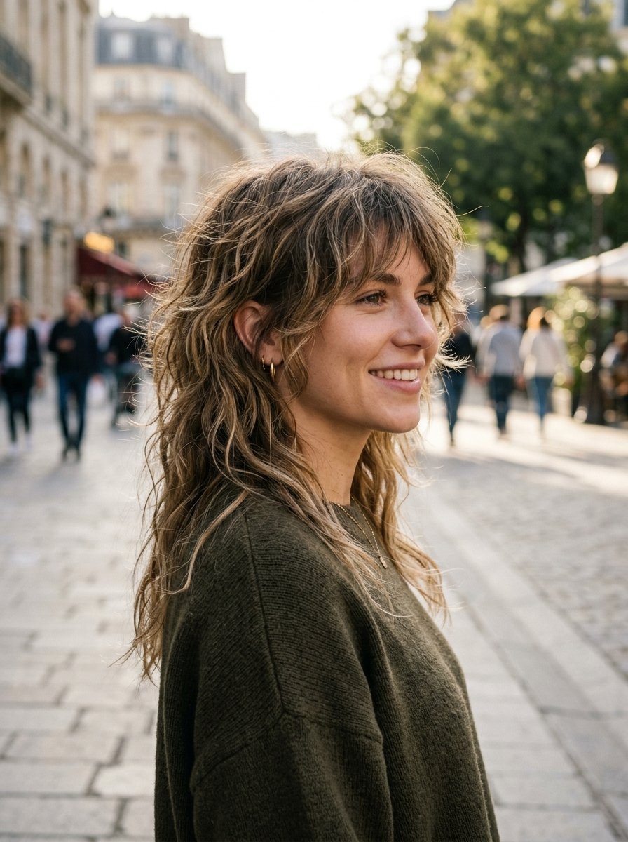 Profile view of a happy woman with textured wavy hair walking on a cobblestone city street.