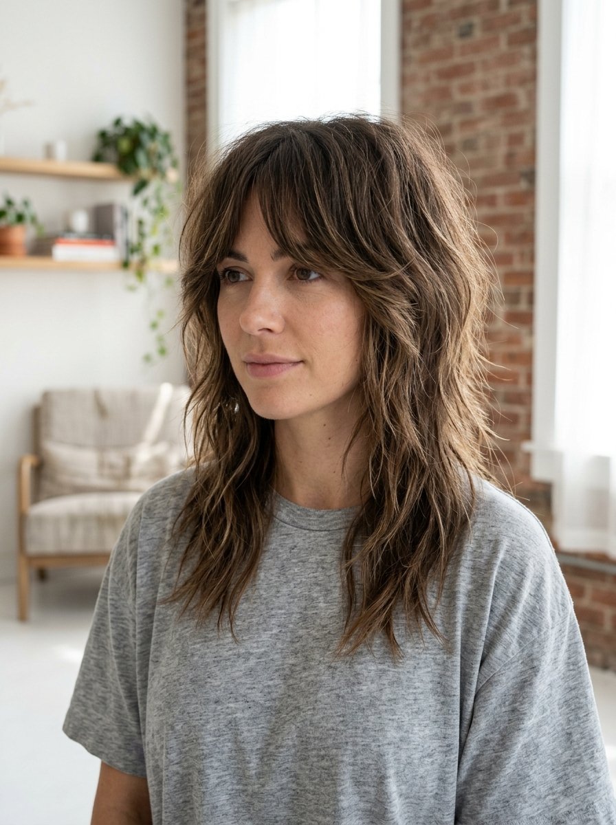 Portrait of a woman wearing a grey t-shirt featuring a wavy layered hairstyle with curtain bangs.