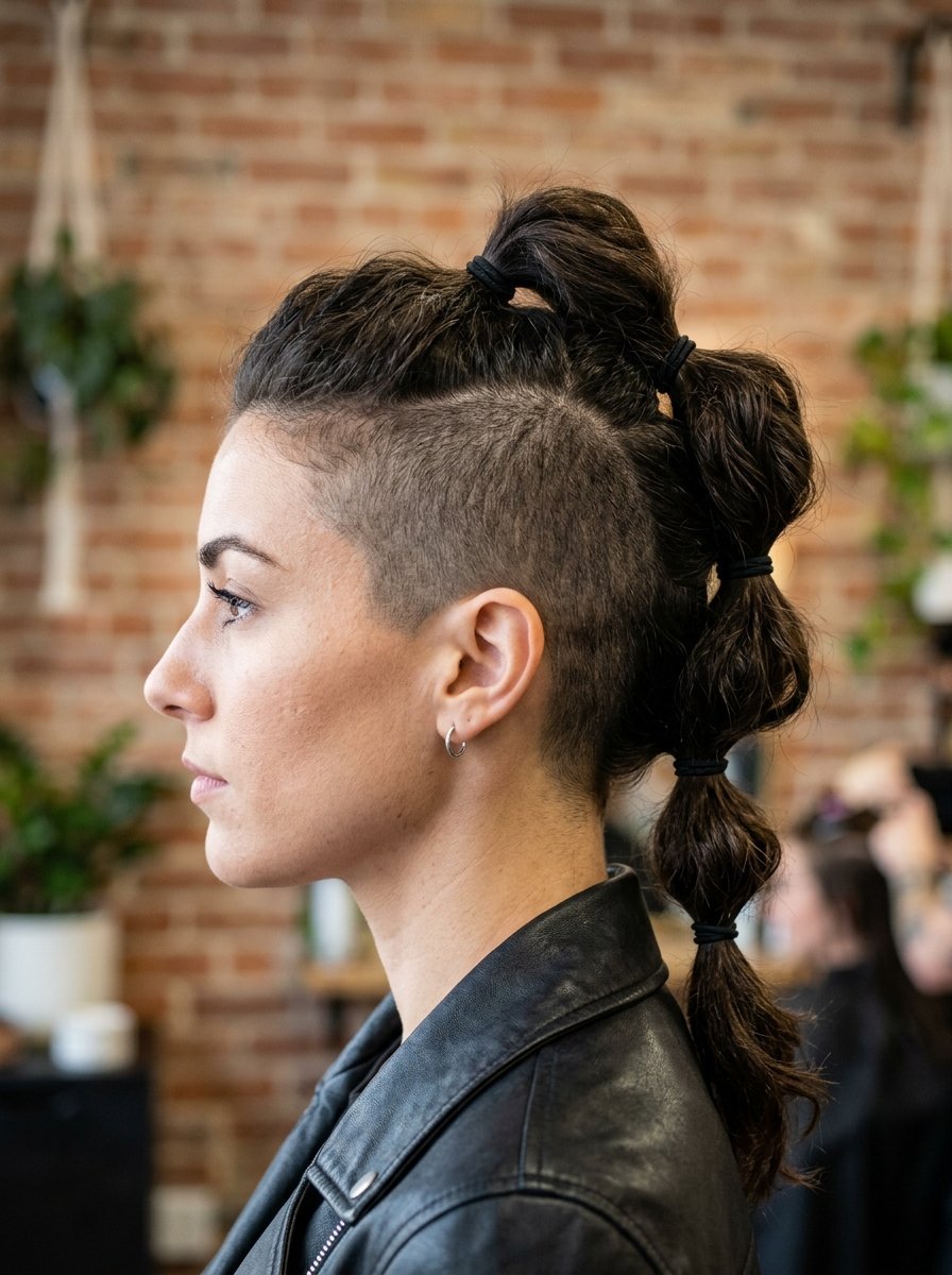 Close-up profile of a woman wearing a black leather jacket with a mohawk-style hair design and multiple hair ties.
