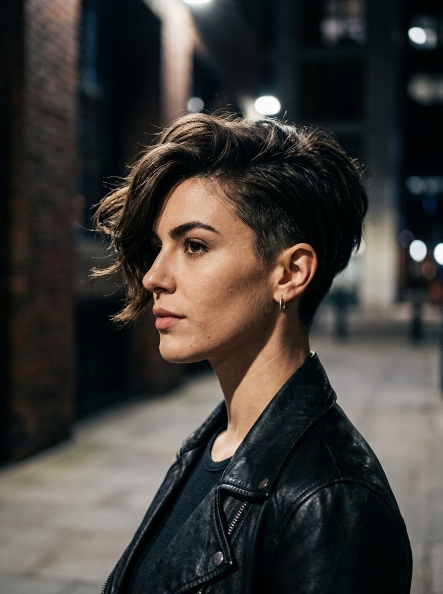 Profile view of a woman with short messy hair and a shaved undercut wearing a black leather jacket at night.