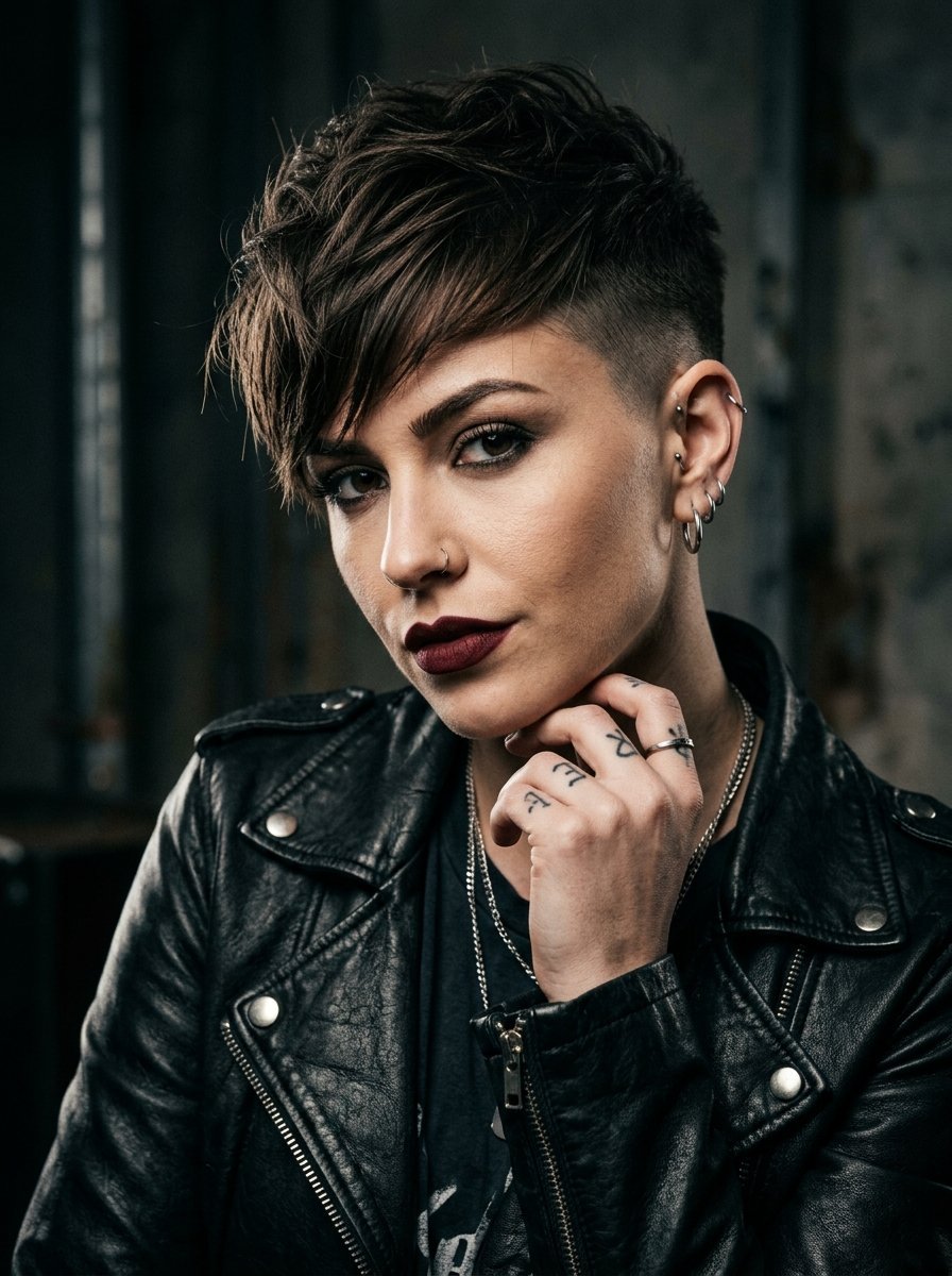 Portrait of a woman with a side-shaved hairstyle, dark lipstick, multiple ear piercings, and finger tattoos.