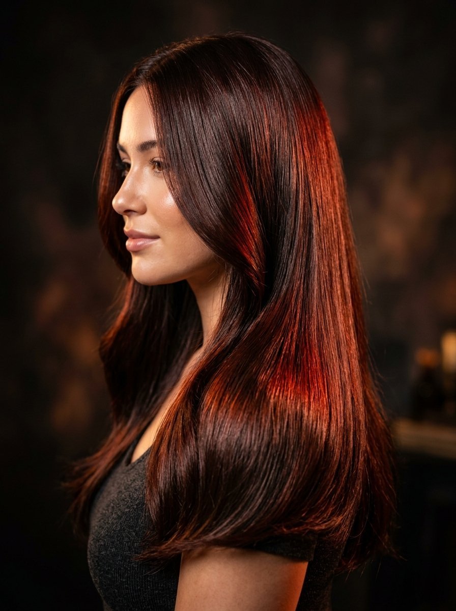 Profile portrait of a woman showcasing her long, straight, dark reddish-brown hair with a glossy finish.