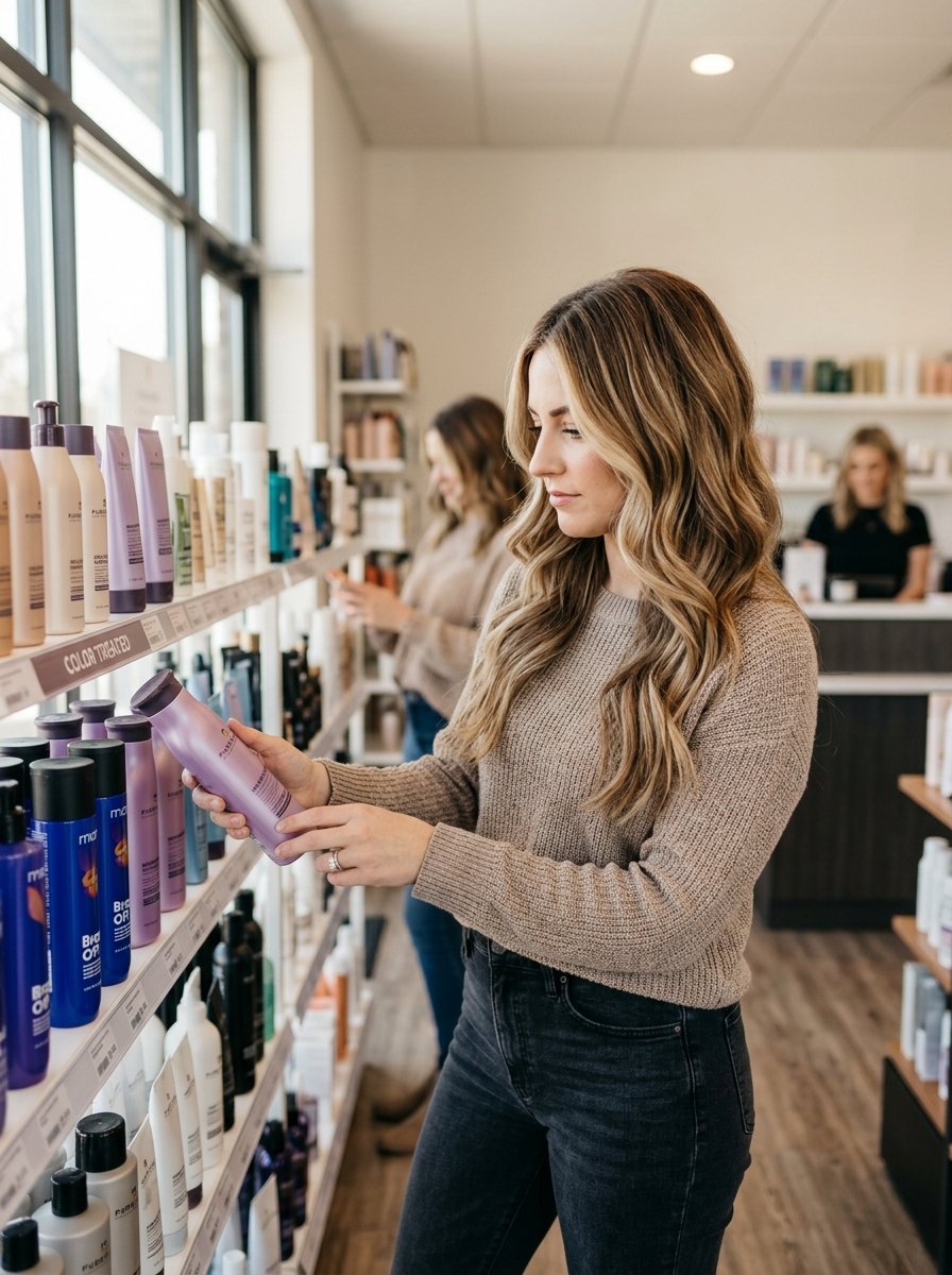 A blonde woman in a beige sweater holds a purple bottle of shampoo while shopping in a professional salon store.