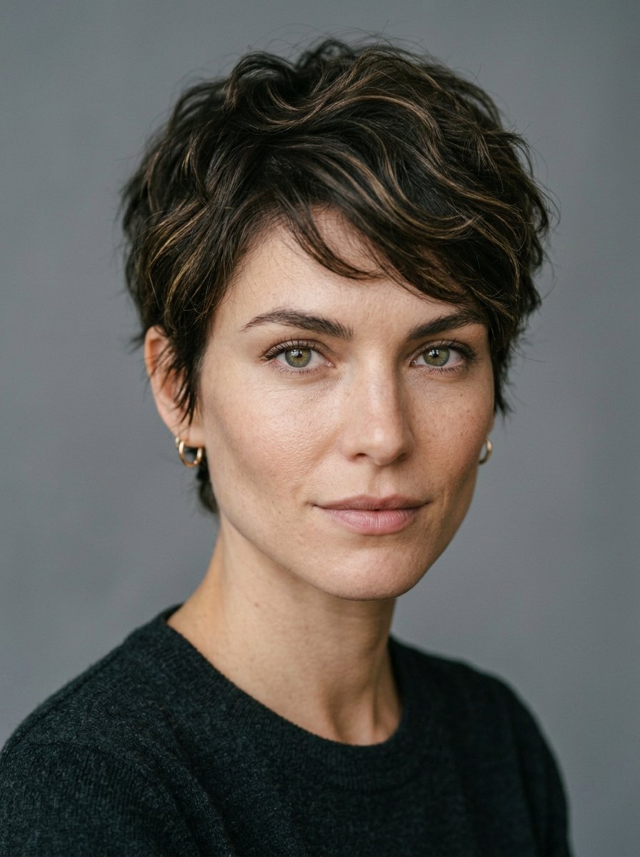Close-up of a person with short brown hair and light green eyes against a grey background.