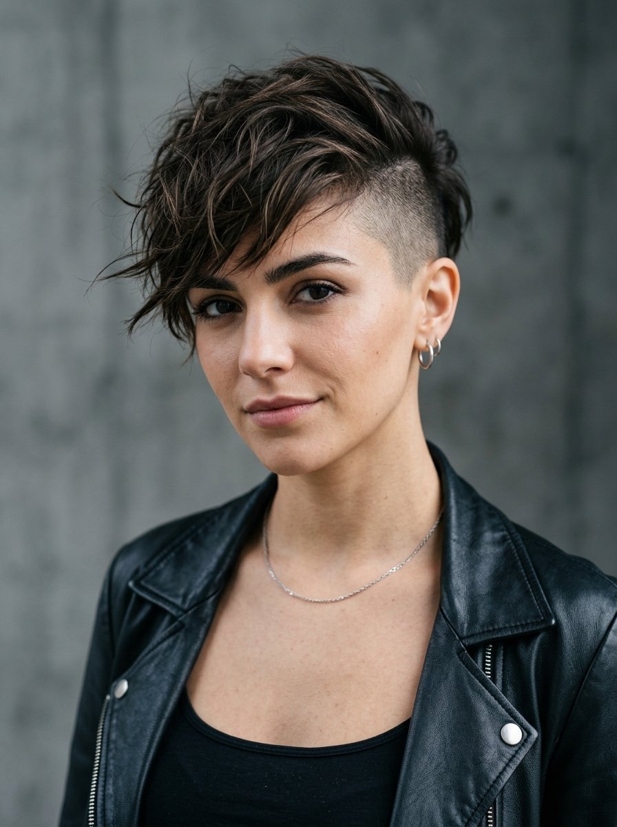 Portrait of a woman wearing a black leather jacket featuring a shaved side undercut hair style.