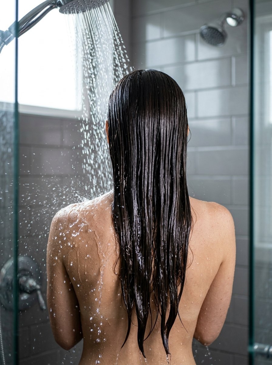 Back view of a person with wet long brown hair standing in a tiled walk-in shower.