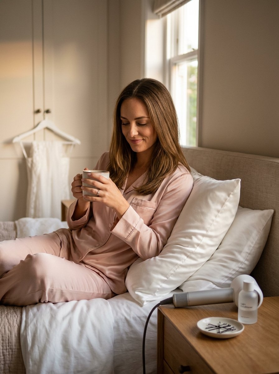 Woman in pink silk pajamas holding a mug while sitting on a bed next to a wooden nightstand with beauty products.