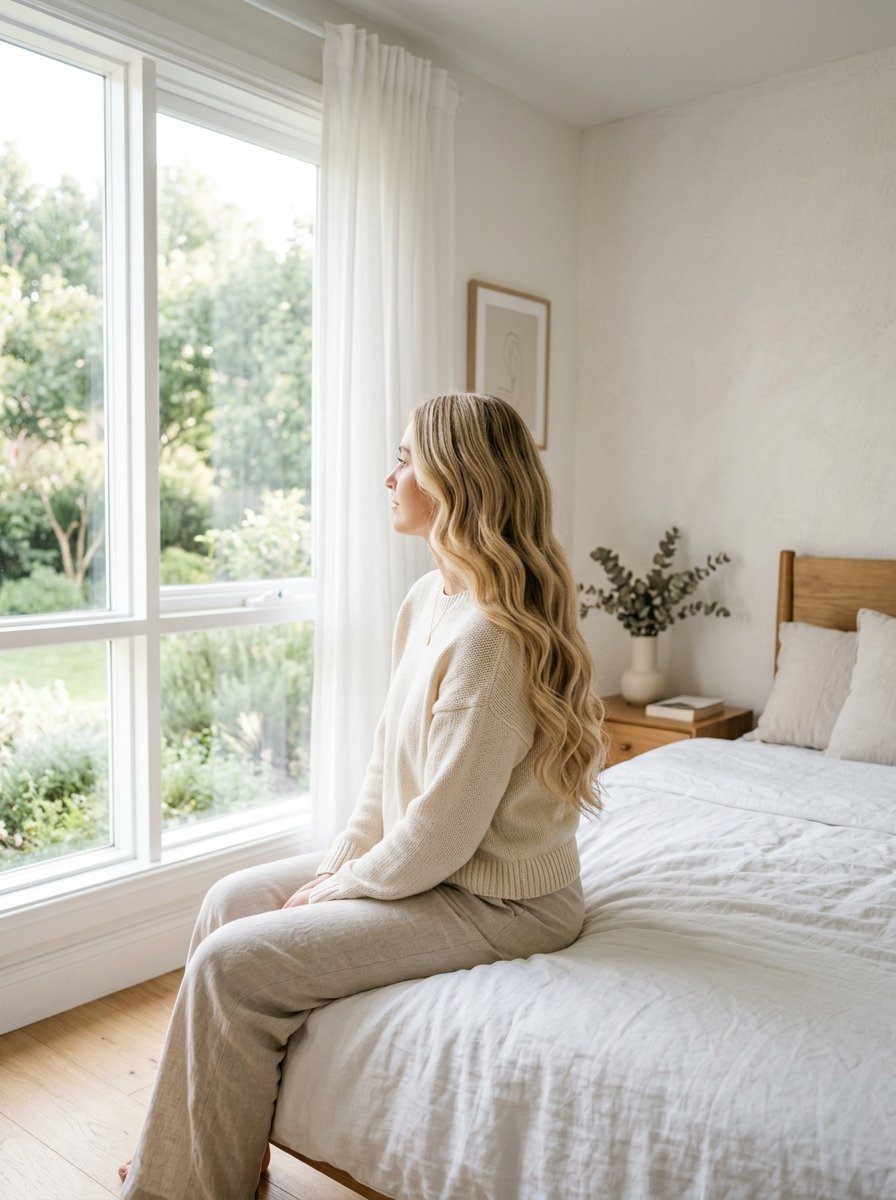 Blonde woman wearing a cream sweater sitting on a bed and looking out a bright window.