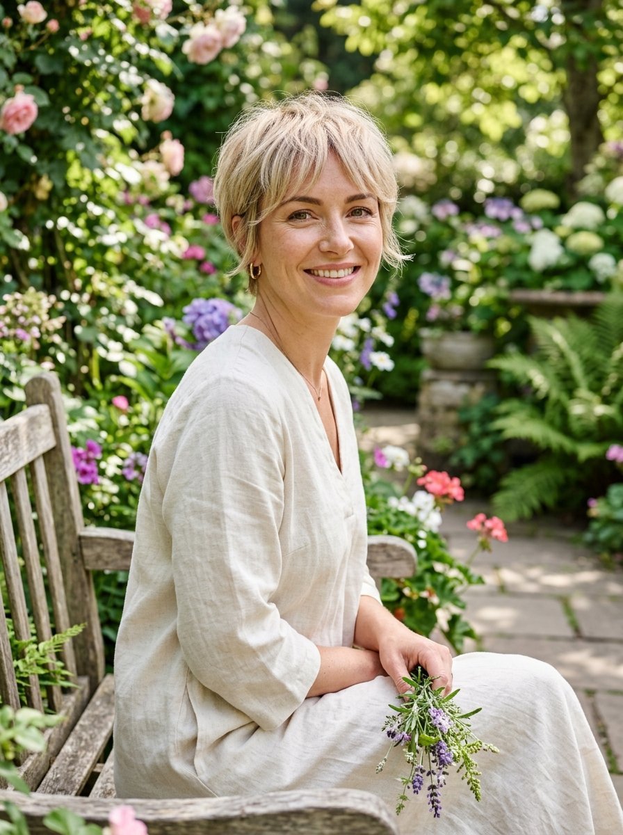 A blonde woman with short hair sitting on a wooden bench in a sunlit garden holding a small bunch of lavender.