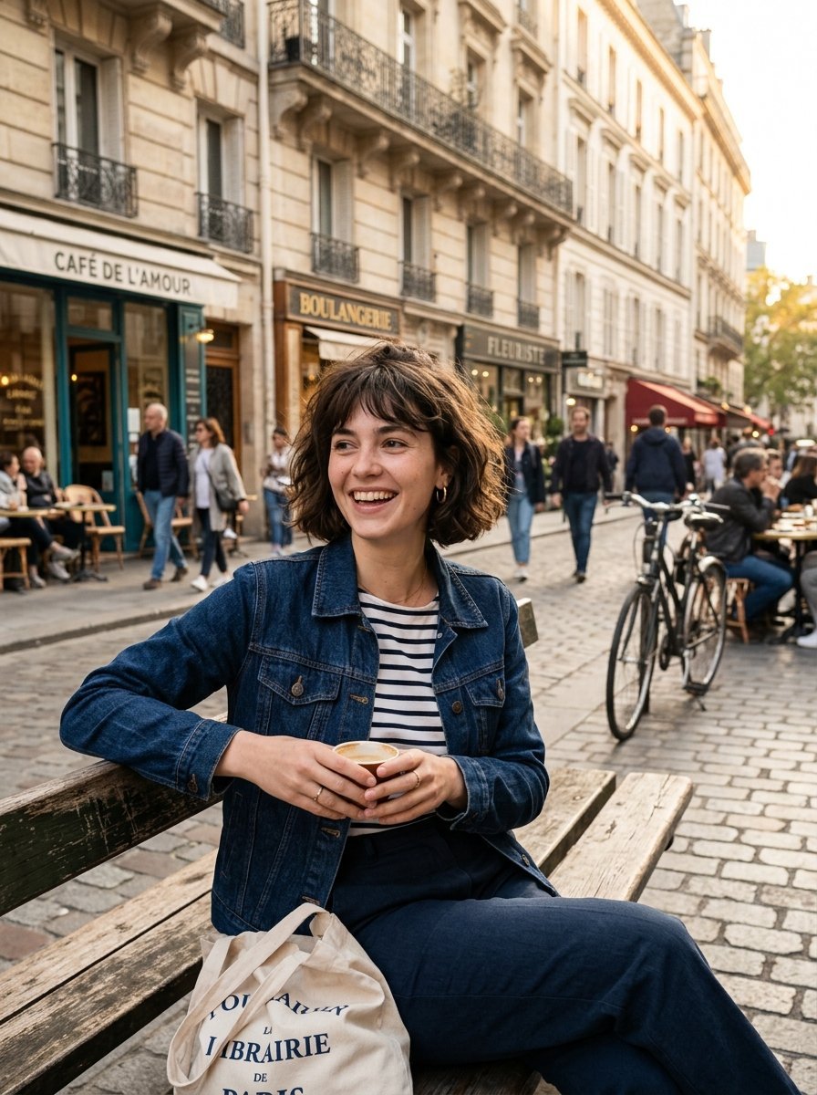 Smiling woman in a denim jacket holding a cup while sitting on a wooden bench in front of a French cafe.