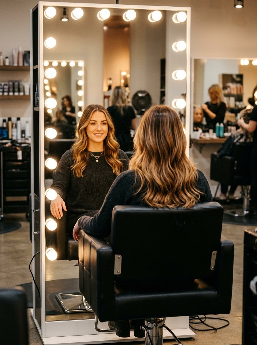 Customer with long brown hair looks into a large vanity mirror with glowing light bulbs in a hair salon.