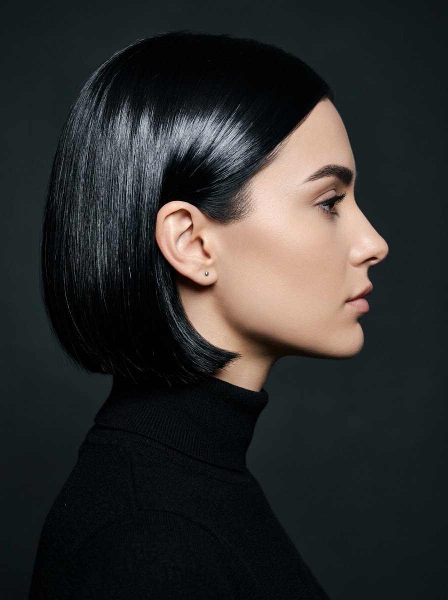 Close-up profile of a person with a short, glossy dark bob hairstyle and a high-neck black sweater.