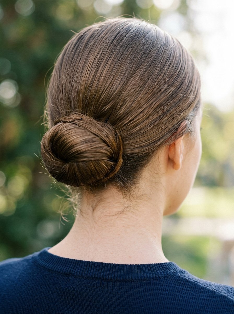 Back view of a person with brown hair styled in a neat, secured low chignon bun.