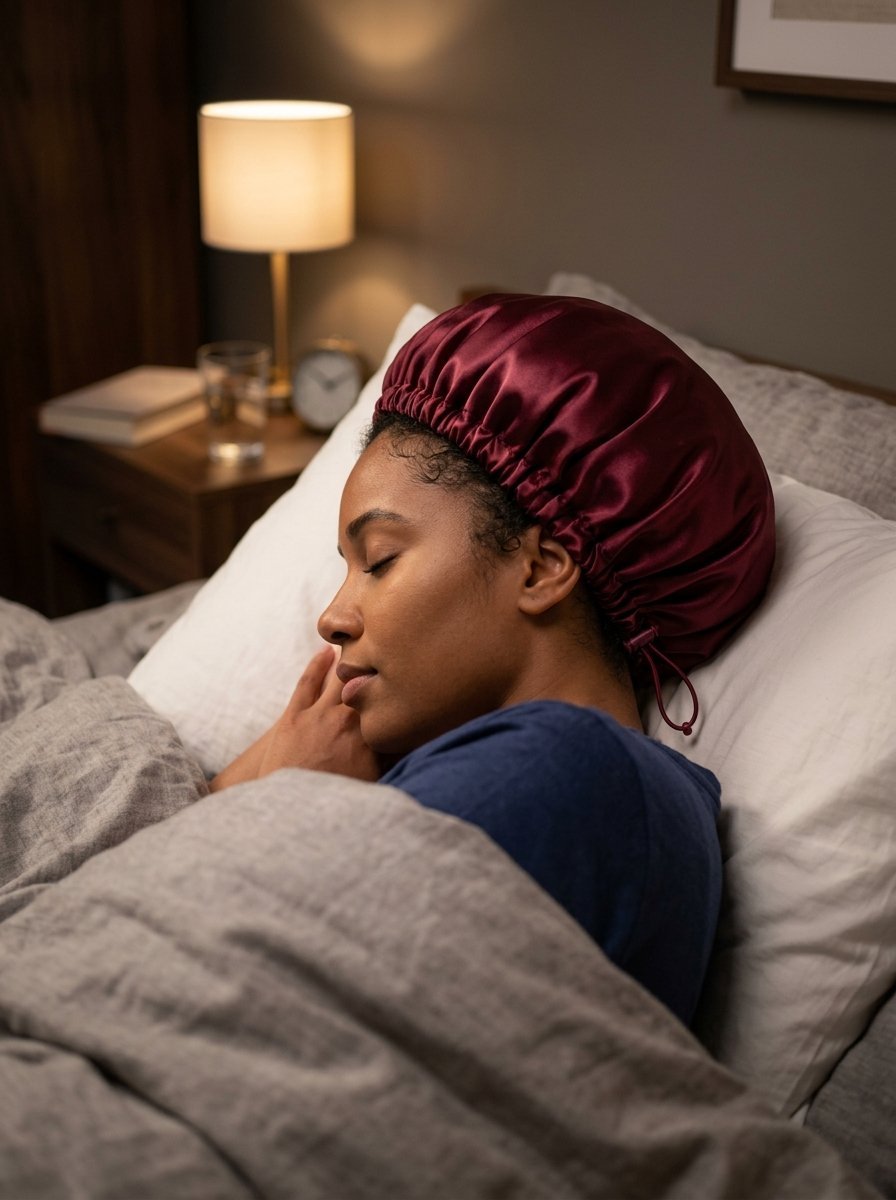 Close-up profile of a Black woman sleeping in a bed while wearing a maroon silk sleep cap.