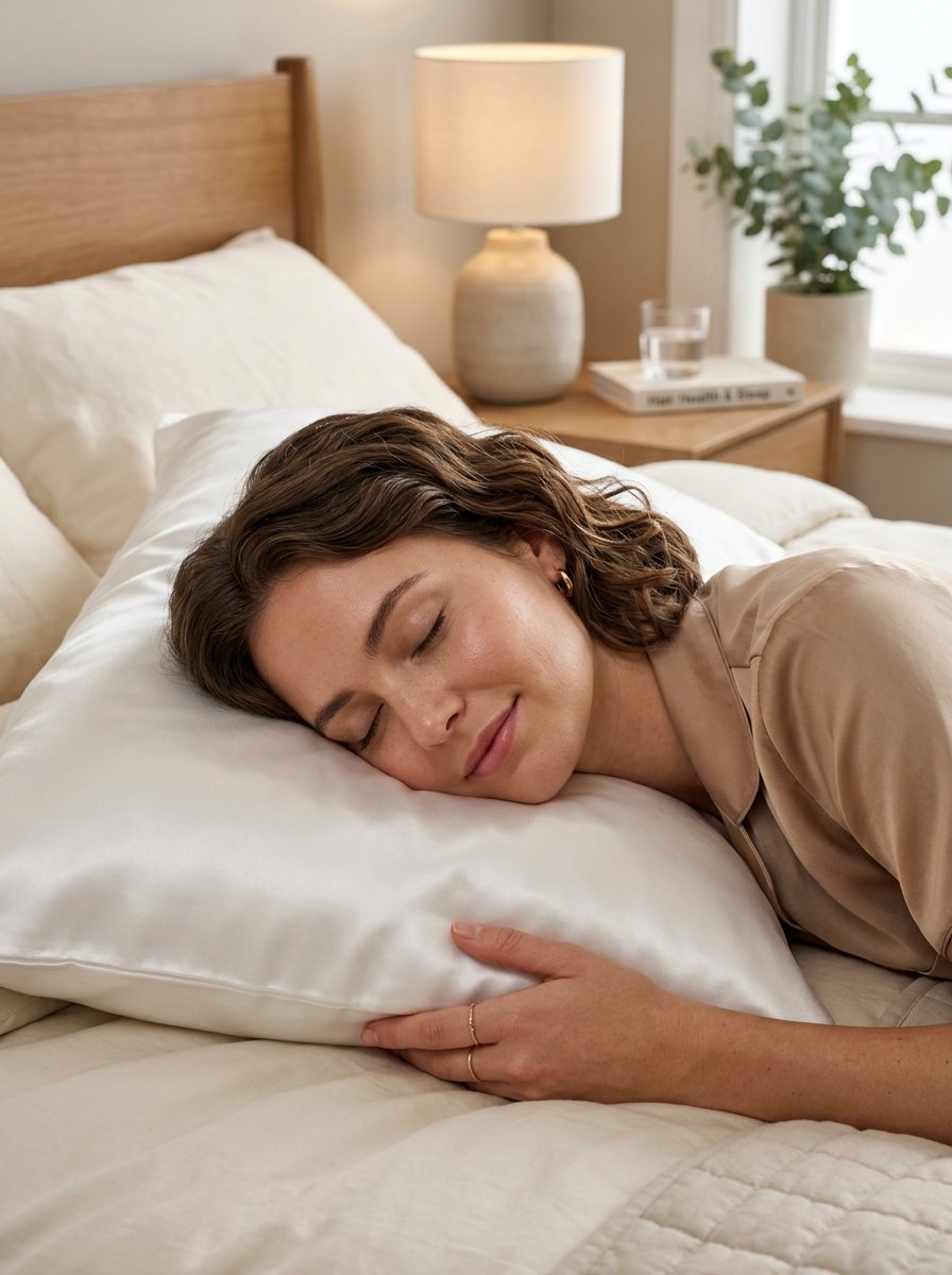 A woman with wavy hair sleeping on a luxury white silk pillow in a cozy bedroom setting.