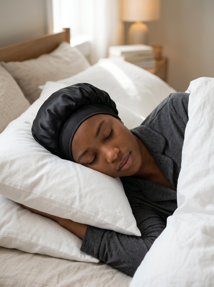 Black woman with eyes closed wearing a black satin cap while resting on white pillows in a cozy bed.