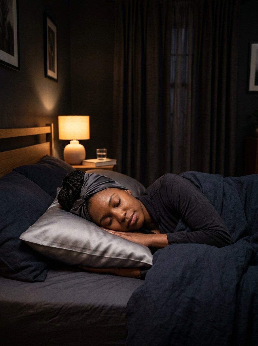 A woman with a silk headwrap sleeping peacefully in a dimly lit bedroom on a grey satin pillow.