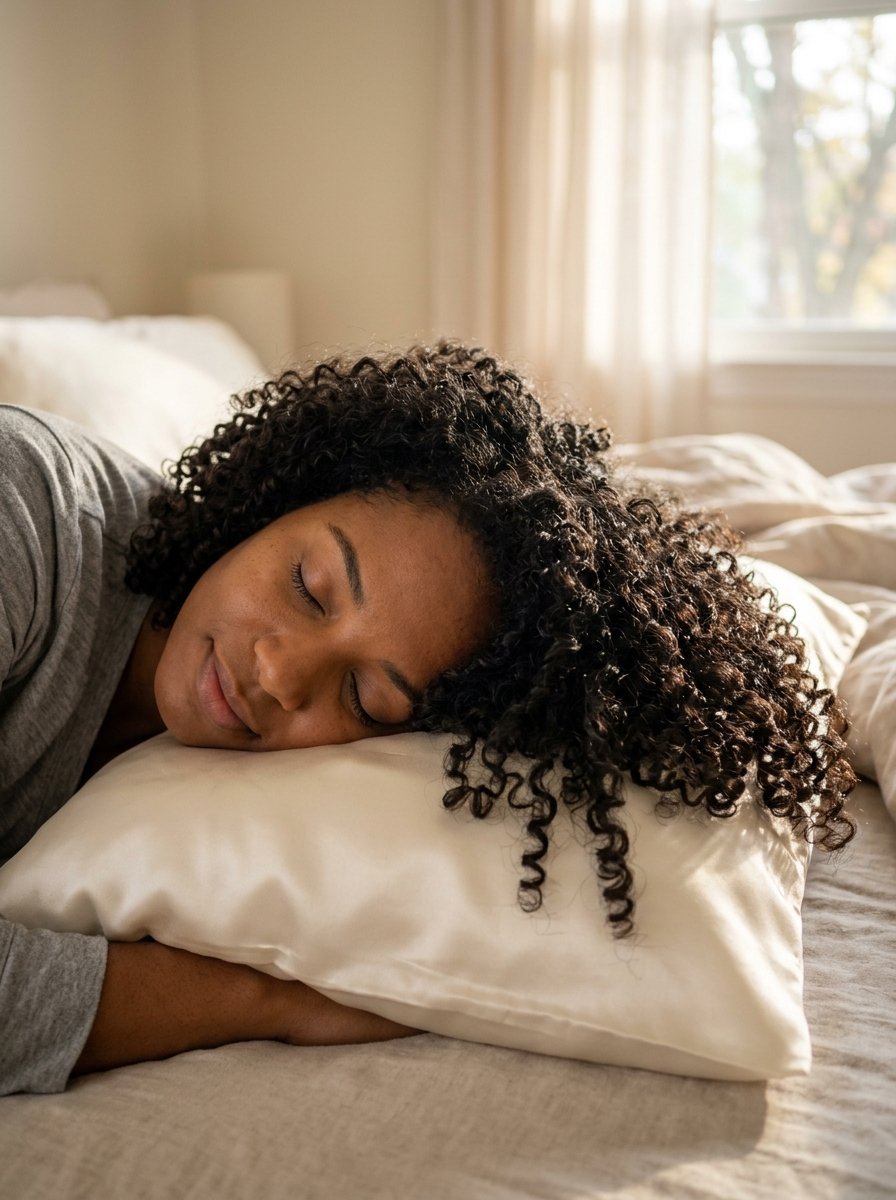 Close-up of a curly-haired woman sleeping peacefully on a smooth, cream-colored pillowcase in a sunlit bedroom.
