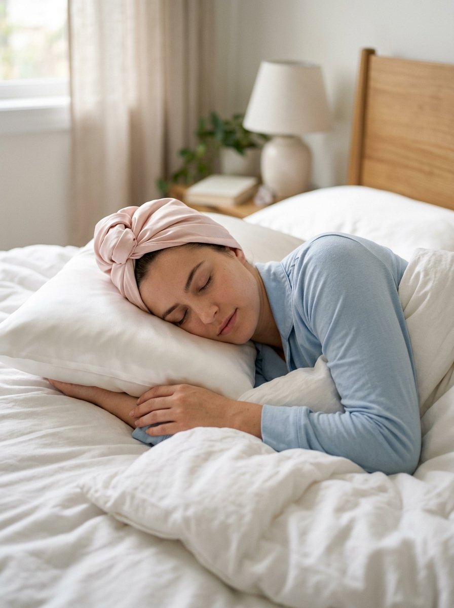 A woman in a pale blue pajama top wearing a pink satin hair bonnet while resting on a white silk pillow.