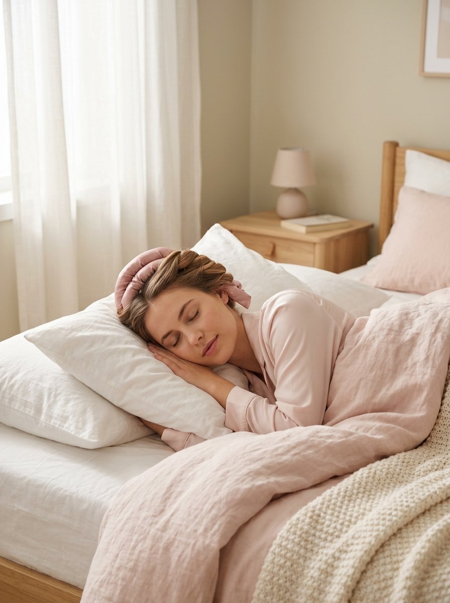 A woman with a pink silk hair curling tool sleeping comfortably in bed with soft neutral bedding.